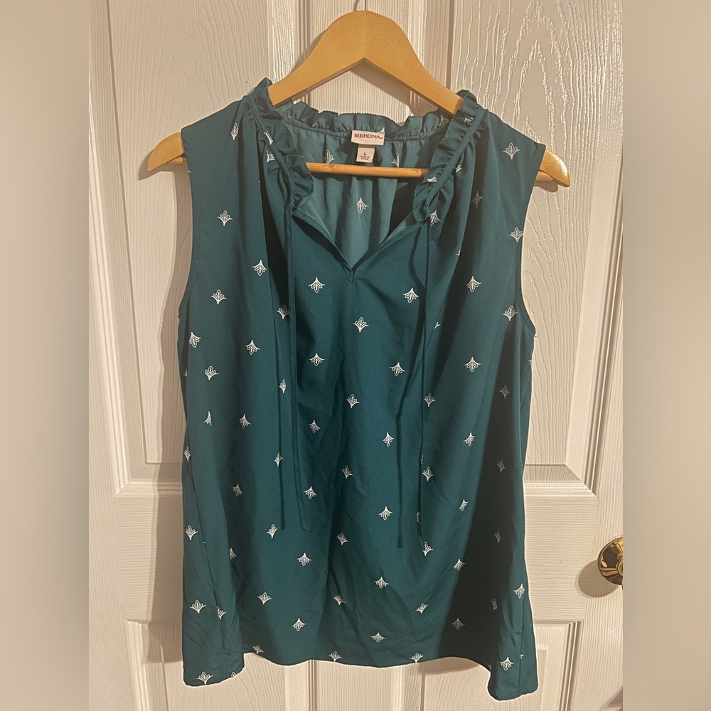Merona | Teal Patterned V-Neck Tank Top with Ruffles and Ties | Size Large